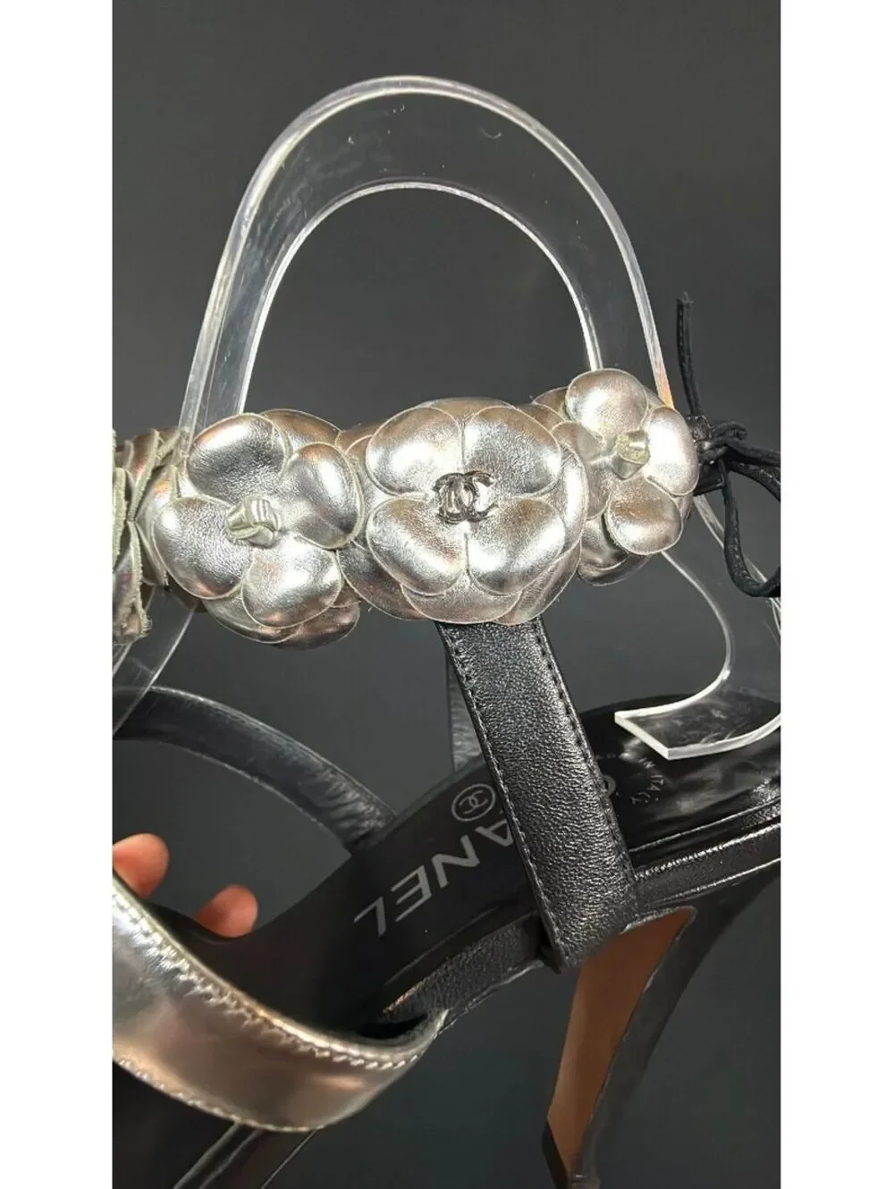 Chanel Black Silver Camellia Flower Strap Heels Size 36.5
